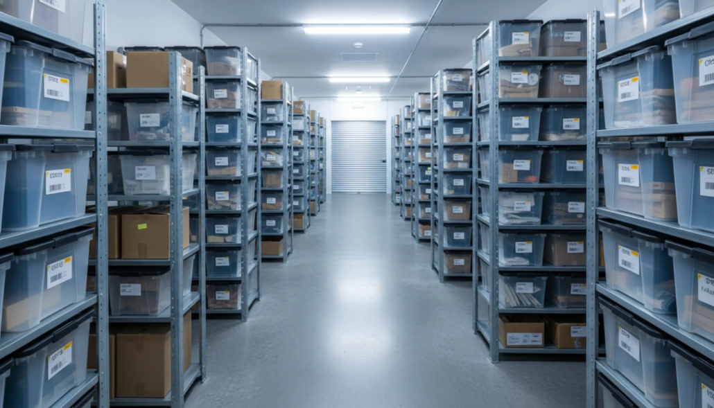 A clean and organized commercial storage facility in Victoria featuring rows of metal shelving units filled with clear plastic bins and cardboard boxes for inventory management.