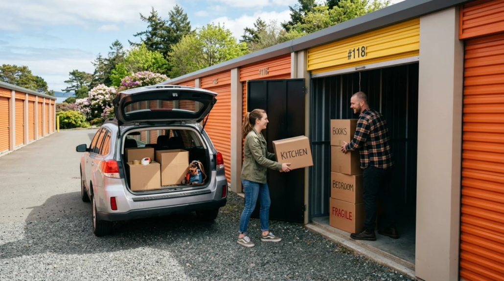 A young couple loading labeled moving boxes from a silver SUV into a yellow self-storage unit at an outdoor facility in Victoria.