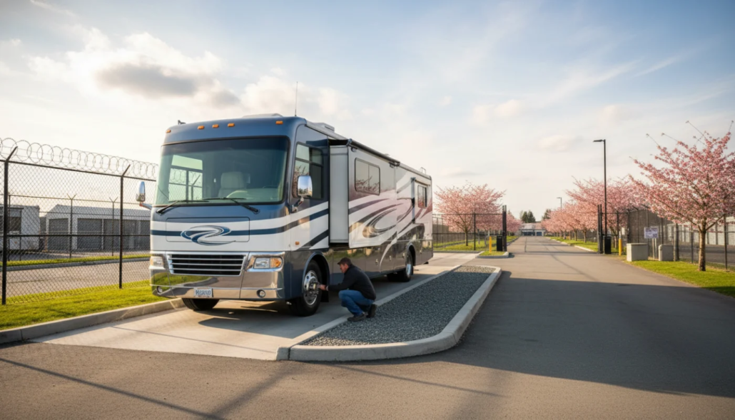 Man inspecting a blue and silver motorhome at an RV storage facility in Victoria, BC during spring with cherry blossoms in the background.