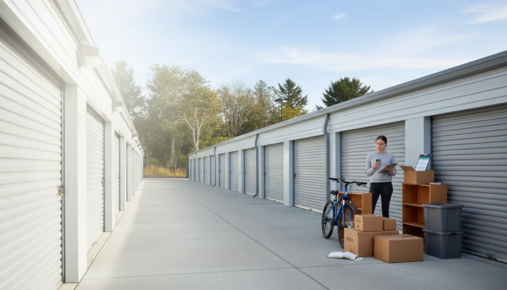 A woman organizing belongings in front of a storage unit in Victoria, BC, illustrating self-storage budgeting for 2026.