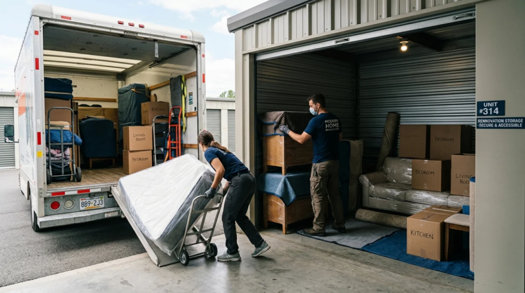 Two professional movers loading household items including a mattress and labeled boxes from a moving truck into a secure renovation storage unit in Victoria, BC.
