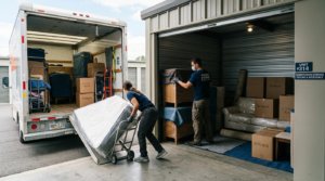 Two professional movers loading household items including a mattress and labeled boxes from a moving truck into a secure renovation storage unit in Victoria, BC.