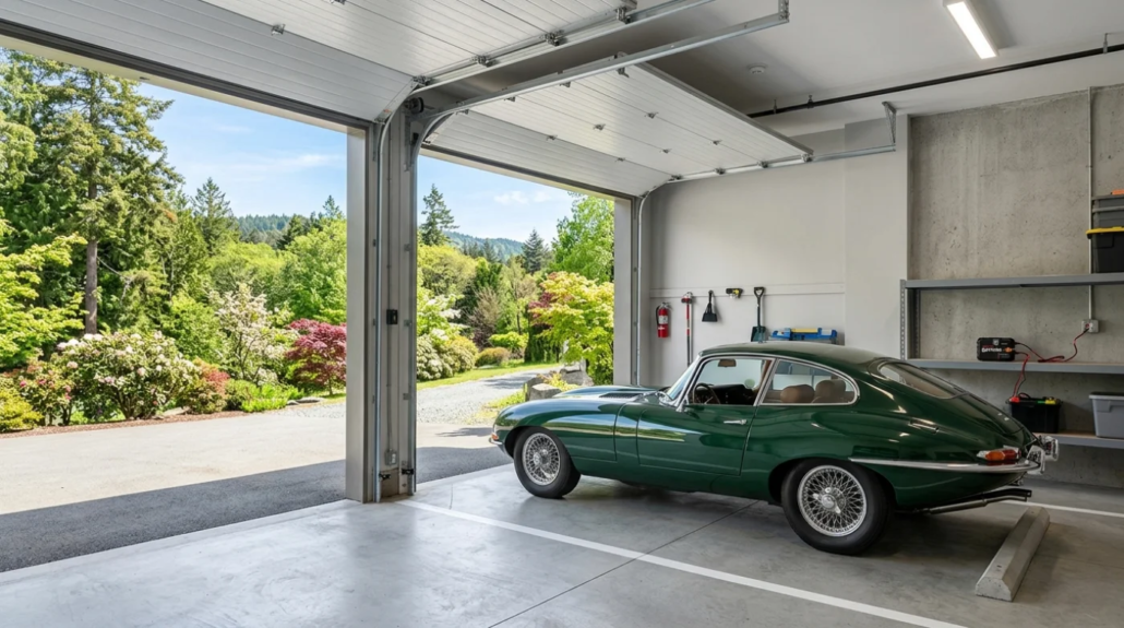 A classic green Jaguar E-Type parked inside a clean, modern garage in Victoria, BC, with an open door looking out onto a lush spring landscape.