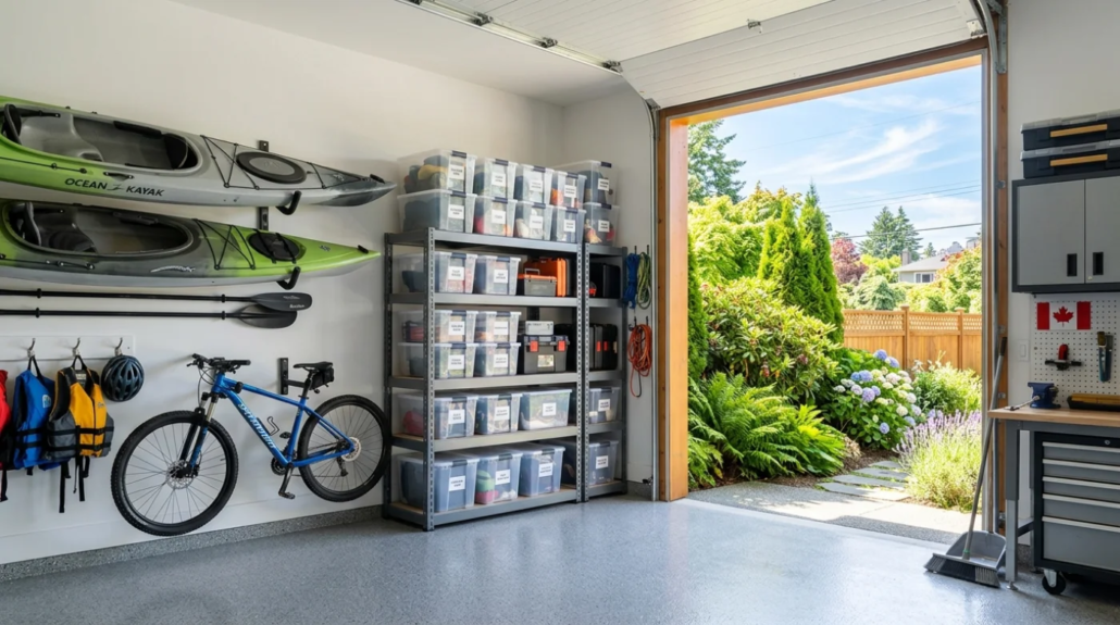 Organized garage in Victoria featuring wall-mounted kayaks, a bicycle, and labeled storage bins during a spring cleaning project.