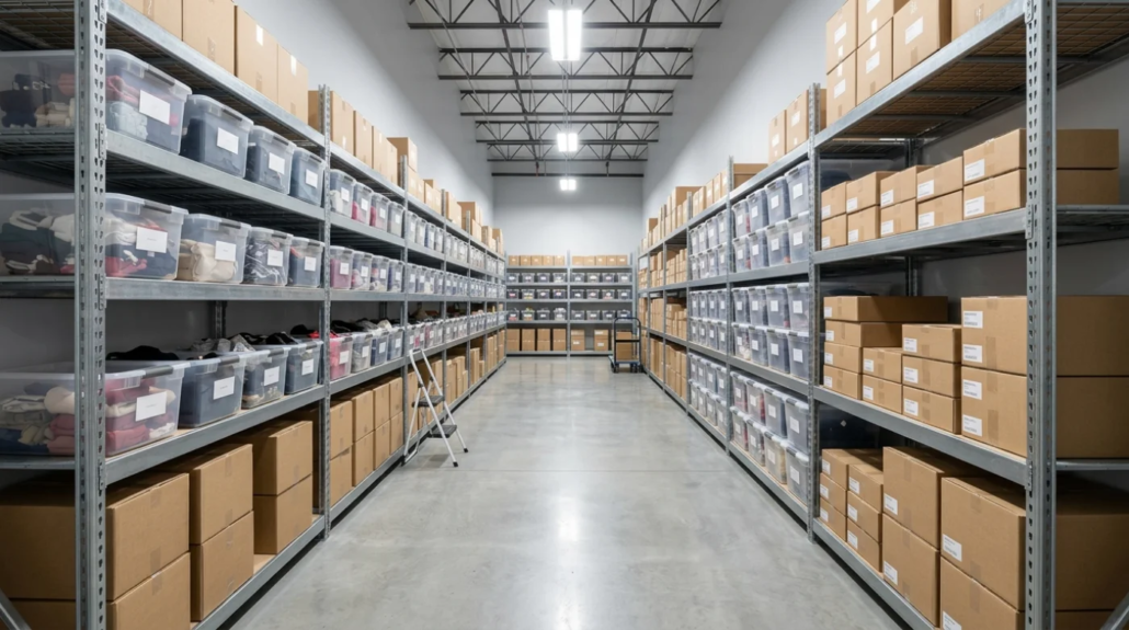 Organized retail inventory storage with metal shelving, plastic bins, and cardboard boxes in a clean Victoria warehouse facility.