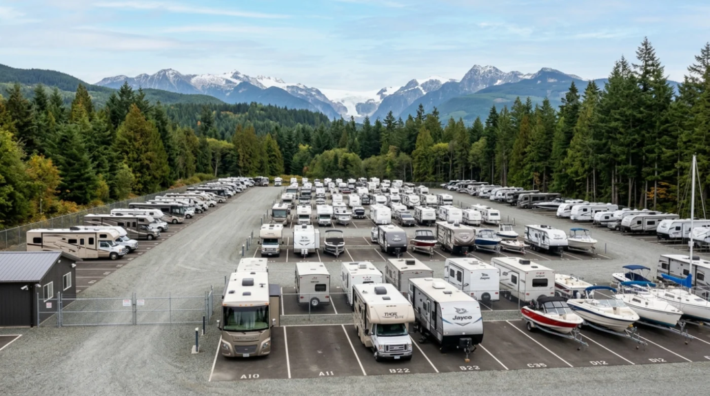 A scenic outdoor storage facility in Courtenay featuring organized rows of RVs, motorhomes, and boats on trailers, surrounded by evergreen forests and snow-capped mountains.