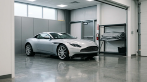 A silver Aston Martin luxury car parked inside a clean, modern, and secure climate-controlled storage unit in Nanaimo.