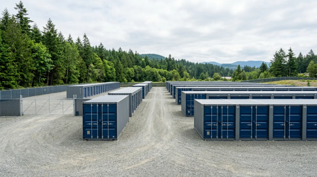 Secure outdoor storage facility in Nanaimo with rows of blue metal shipping containers and a perimeter fence against a forest backdrop.