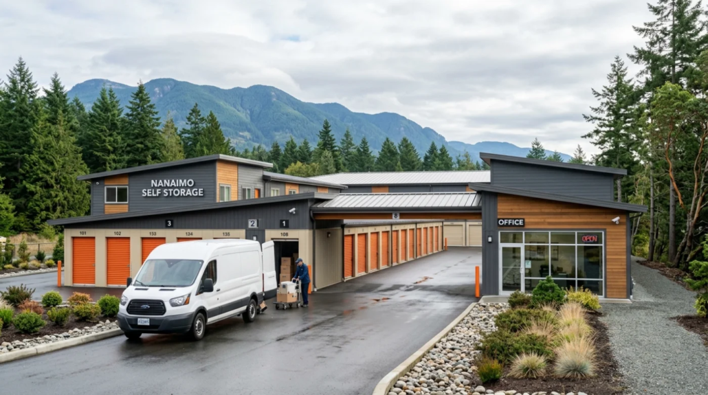 A white moving van parked in front of Nanaimo Self Storage facility with a person unloading boxes into a drive-up unit with mountains in the background.