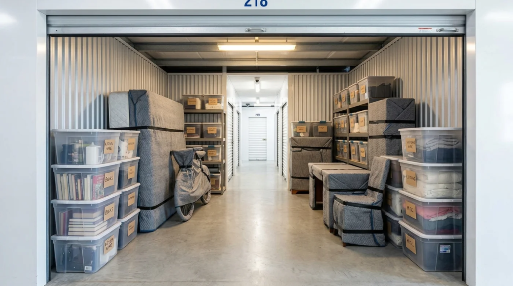 An organized self-storage unit in Nanaimo with household items, furniture wrapped in moving blankets, and labeled plastic bins, ideal for renovation storage.