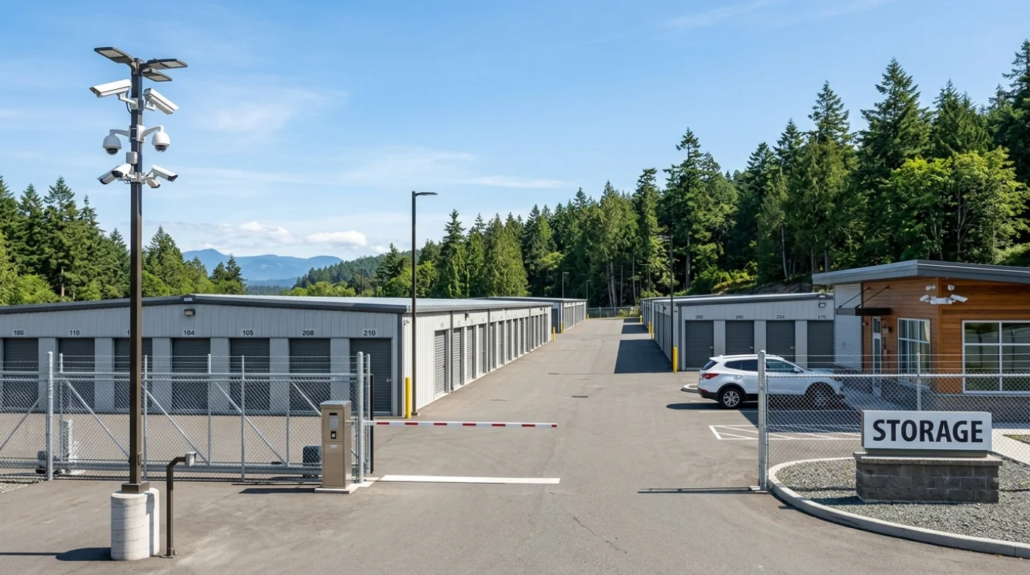 Secure self-storage facility in Nanaimo featuring rows of metal storage units, gated entry with a keypad barrier, and a high-tech security camera system pole under a clear blue sky.