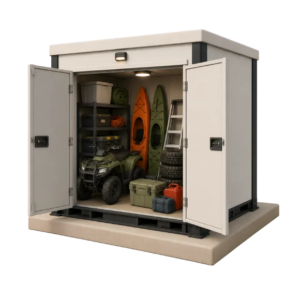 Outdoor storage unit with double swing doors, ATV, kayaks, tools and equipment inside.