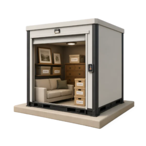 Heated storage unit with furniture, boxes and temperature-sensitive belongings.